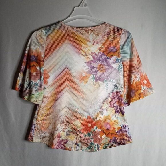 One World Live/Let Live Multi Color Bell Half Sleeve Women's Top Size SM Petite - Picture 2 of 7